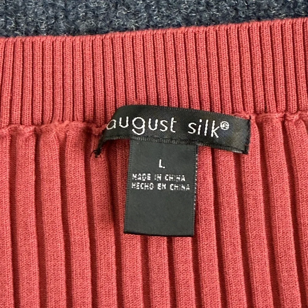 August Silk Sweater Womens Large Pink V Neck Lace Trim Ribbed Knit Short Sleeve - Picture 3 of 7